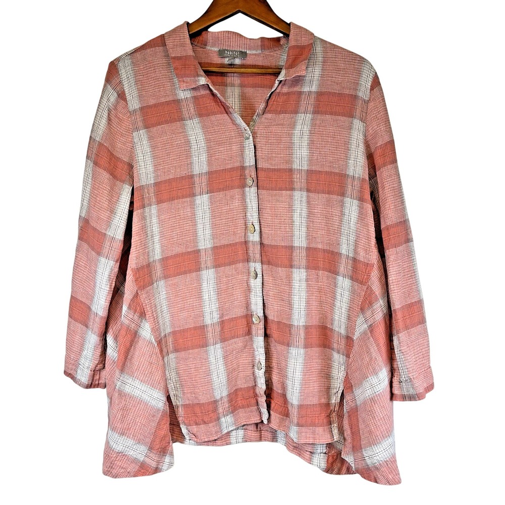 Habitat Womens Linen Blend Tunic Top Size‎ Large Button Up Boho Cottage Pink